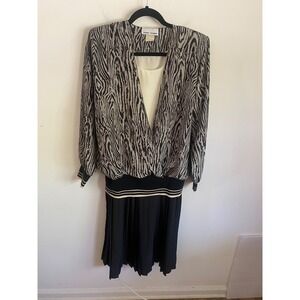 Toni Todd Vintage 80s Dress Black White Abstract Print Pleated Drop Waist 12